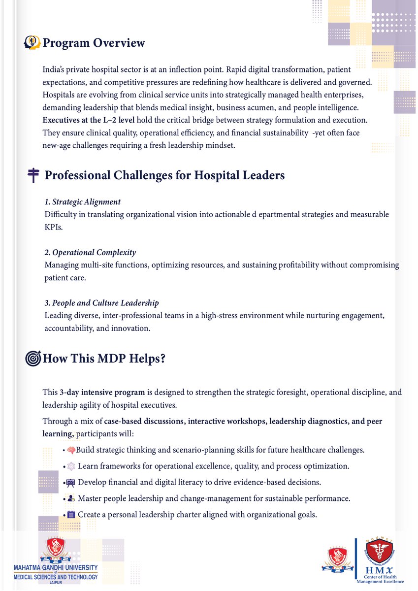 sandeeprt2004's tweet image. 3 day #MDP by Centre of Health Management Excellence (#HMX) and #MGOCHA  - “STRATEGIC LEADERSHIP AND OPERATIONAL EXCELLENCE FOR HOSPITAL MEDICAL LEADERS&quot; (26th -28th Feb.2026) details and registration: : drsandeepnarula@mgumst.org 8058760911/8209425385