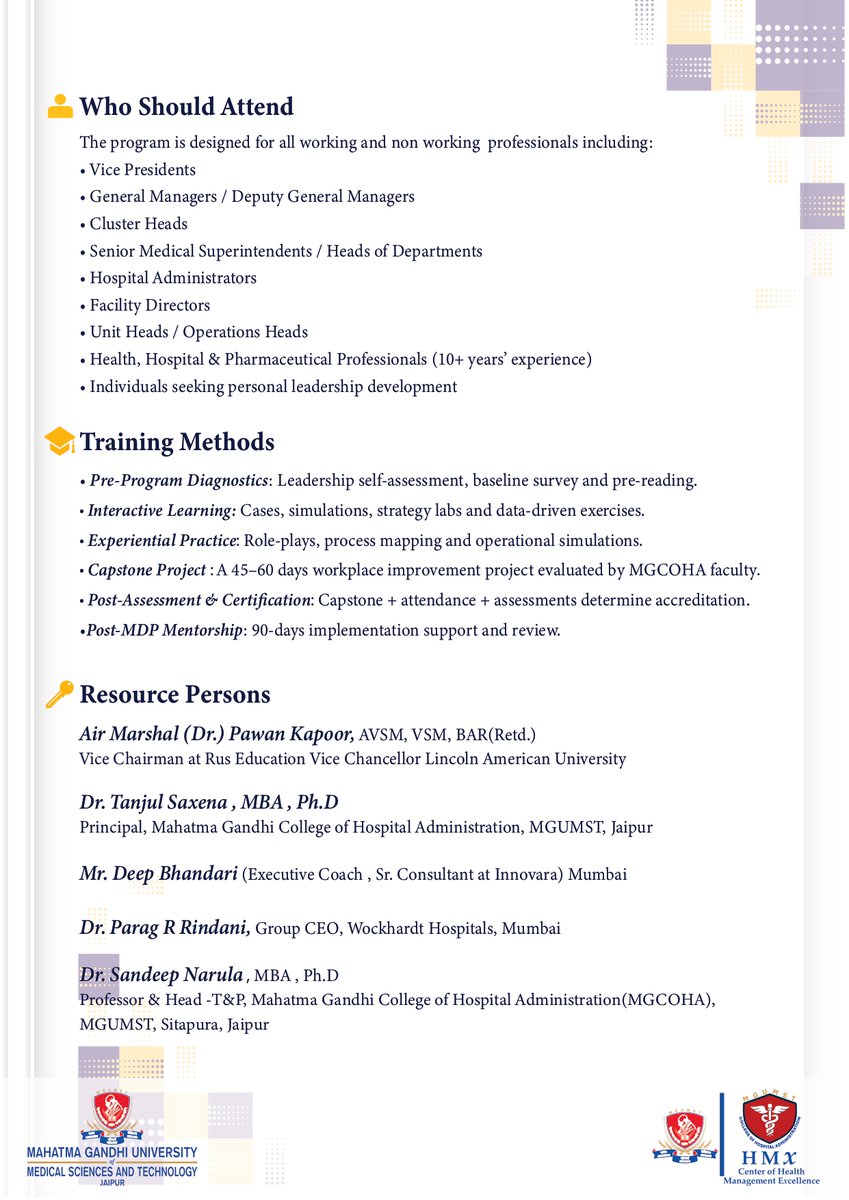 sandeeprt2004's tweet image. 3 day #MDP by Centre of Health Management Excellence (#HMX) and #MGOCHA  - “STRATEGIC LEADERSHIP AND OPERATIONAL EXCELLENCE FOR HOSPITAL MEDICAL LEADERS&quot; (26th -28th Feb.2026) details and registration: : drsandeepnarula@mgumst.org 8058760911/8209425385