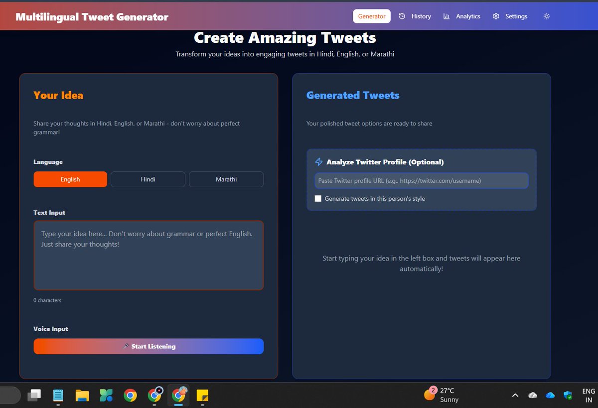 Saipujariprasad's tweet image. I built a tool that turns raw ideas into publish ready tweets automatically.
If you know what you want to say but struggle to write it clearly, this tool does the writing for you.

One topic in → One perfect tweet out.
#AI #vibecoding
