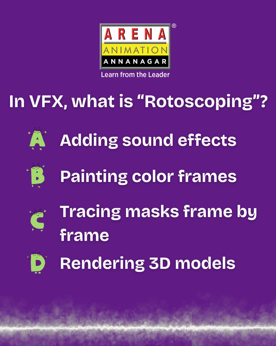 Arenaannanagar_'s tweet image. Test your VFX knowledge! 🎬✨
Do you know what “Rotoscoping” means? Check out this quick quiz from Arena Animation Anna Nagar and drop your answer below! 👇🔥
#VFX #Rotoscoping #ArenaAnimationAnnaNagar