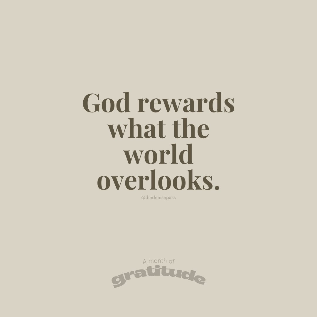 TheDenisePass's tweet image. 👀 November 23 — Hidden Work No One Sees

Today I’m grateful for the unseen work. 
The prayers no one hears.
The service no one applauds.
The faithfulness that doesn&apos;t trend.

Heaven sees what earth overlooks.

What’s unseen by man is unforgettable to God.