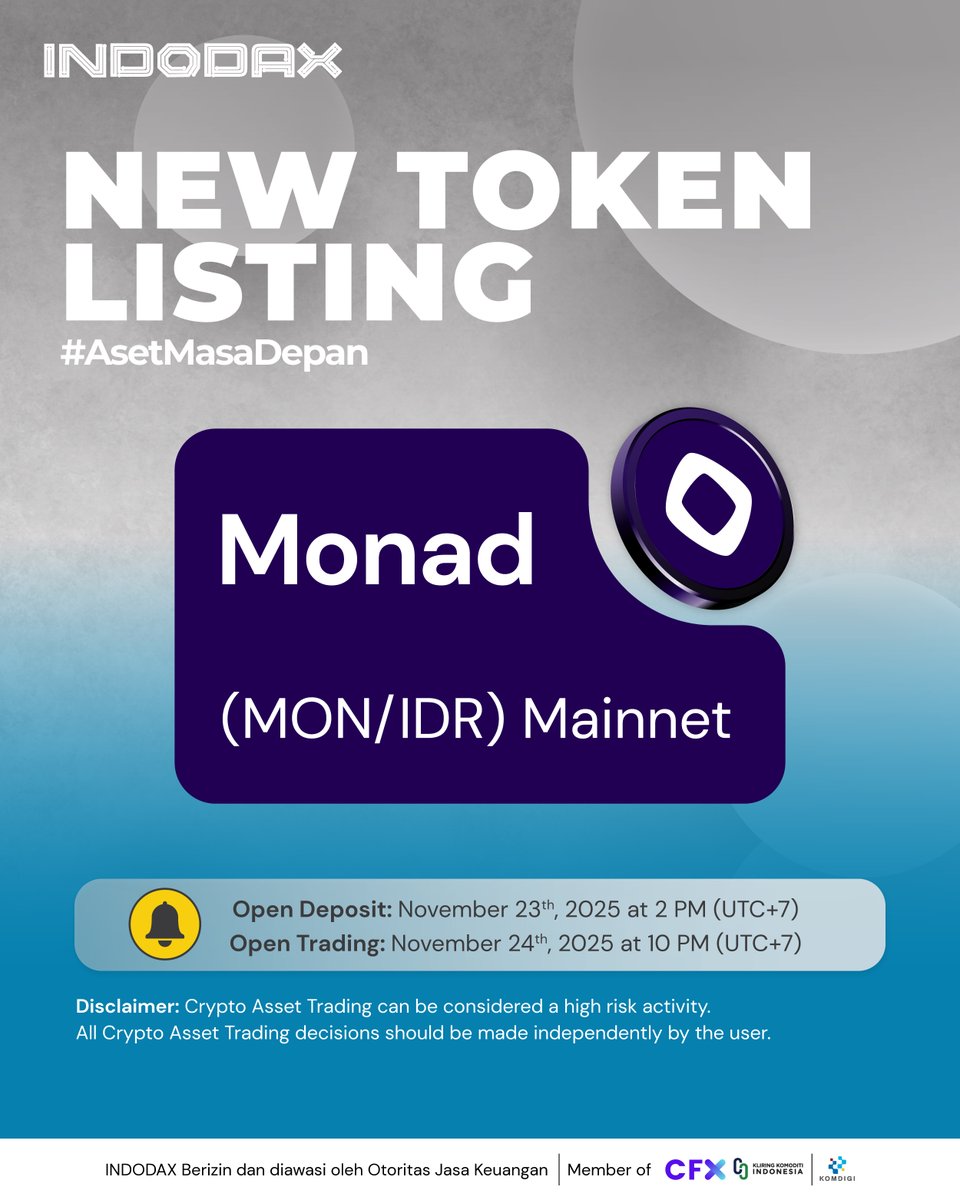 indodax's tweet image. We are pleased to announce a new Crypto Asset that will be added to the INDODAX marketplace, Monad (MON) @monad

For more information blog.indodax.com/listing-monad/ 

#INDODAX #AsetMasaDepan