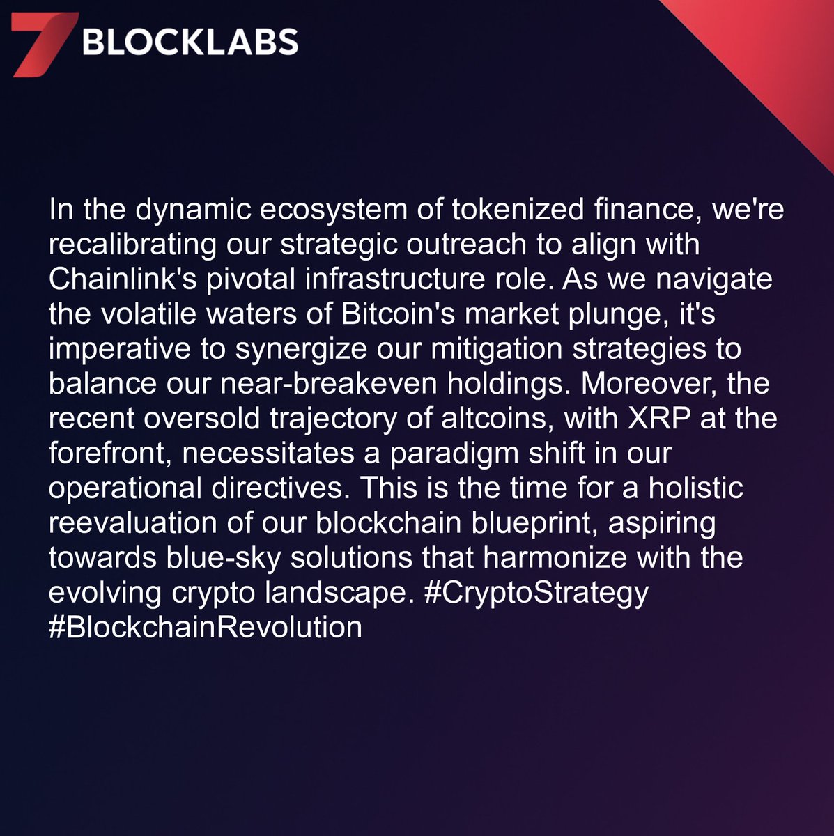 7blockLabs's tweet image. Let&apos;s synergize our tokenized finance paradigms by leveraging Chainlink as essential infrastructure. We need to reevaluate our Bitcoin plunge mitigation strategies and align them with our XRP oversold directives. Blockchain blue-sky thinking is overdue. #CryptoStrategy #Blockc...