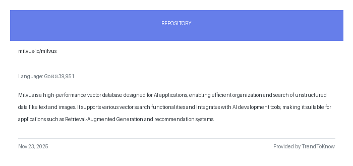 aitrendings's tweet image. milvus-io/milvus

💻 Go

#Milvus #VectorDatabase #AIApplications #OpenSource #GoLang

🔗 trendtoknow.ai