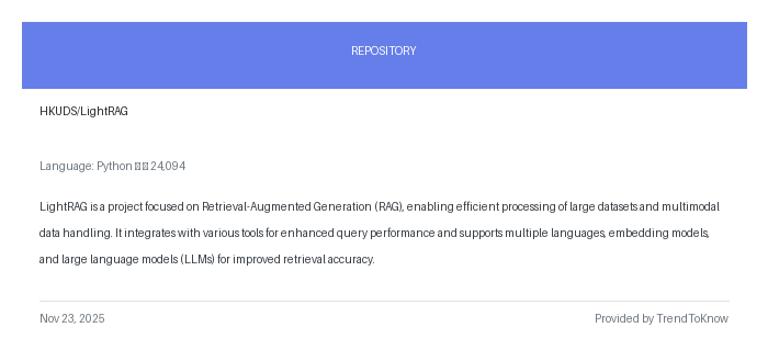 aitrendings's tweet image. HKUDS/LightRAG

💻 Python

#RetrievalAugmentedGeneration #MachineLearning #OpenSource #Python #LLM

🔗 trendtoknow.ai
