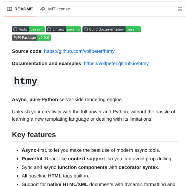 tom_doerr's tweet image. Async server-side rendering engine in Python

github.com/volfpeter/htmy/