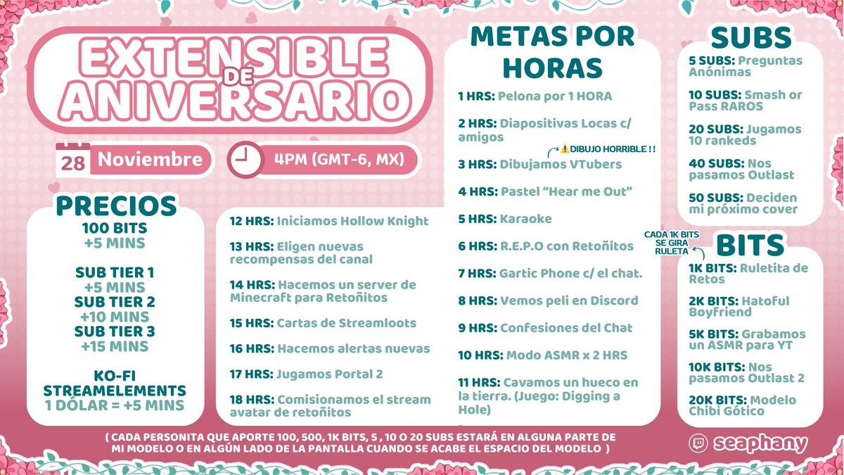 🪷; 𝐄𝐗𝐓𝐄𝐍𝐒𝐈𝐁𝐋𝐄 𝐃𝐄 𝐀𝐍𝐈𝐕𝐄𝐑𝐒𝐀𝐑𝐈𝐎 .ᐟ.ᐟ ⟡ ݁₊ .
Estas son las metas y todas las cositas que tenemos planeadas para este extensible. ¡Estoy muy muy emocionada! 🤞🏻🩷

📅 𝟐𝟖 𝐝𝐞 𝐍𝐨𝐯𝐢𝐞𝐦𝐛𝐫𝐞
🕓 𝟒𝐏𝐌 (𝐆𝐌𝐓-𝟔, 𝐌𝐗)

#Vtuber #VtuberES #VTuberUprising