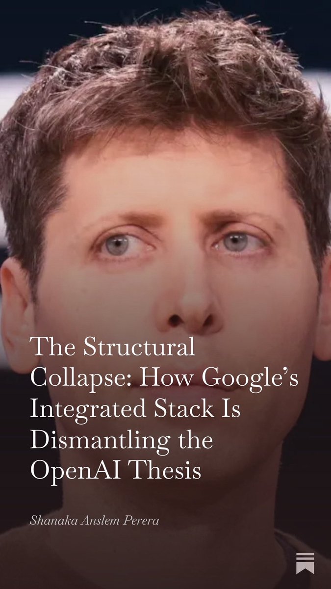 shanaka86's tweet image. THE GREAT INVERSION

Sam Altman just admitted what Wall Street refuses to price in.

A November memo leaked three days ago reveals OpenAI warning employees of “rough vibes” and potential revenue growth collapsing toward 5 percent. This was written before Google launched Gemini…
