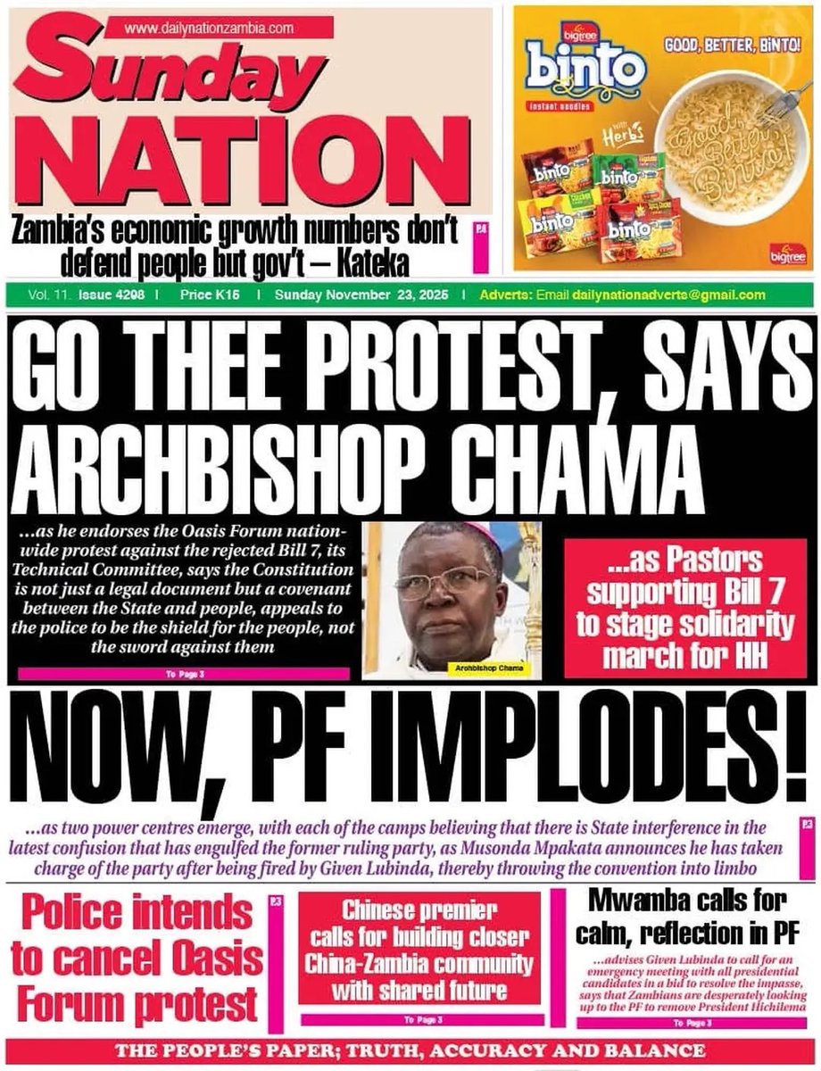 ssishuwa's tweet image. K3 million for each Member of Parliament who supports Bill 7: How Hichilema’s constitutional gamble is ensnaring PF and independent MPs

By Sishuwa Sishuwa

Catholic Bishops will, on 28 November, lead a peaceful public protest march to State House against executive-driven changes