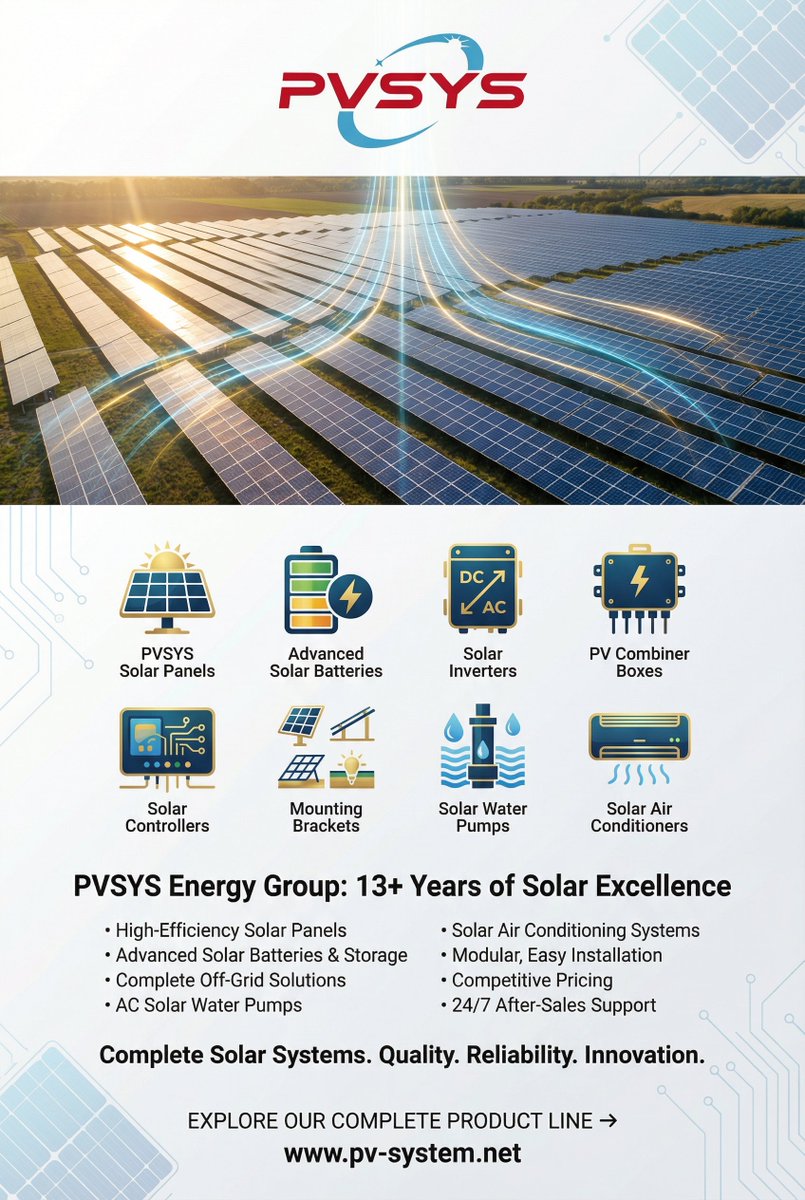 SystemPv1's tweet image. Innovation Powers the Future: Achieve Energy Independence with PVSYS Complete Solar Solutions!
At PVSYS Energy Group, we don&apos;t just produce and supply products; we offer integrated systems built on Quality, Reliability, and Innovation. 😊 
#SolarPower #solarsystem #Battery