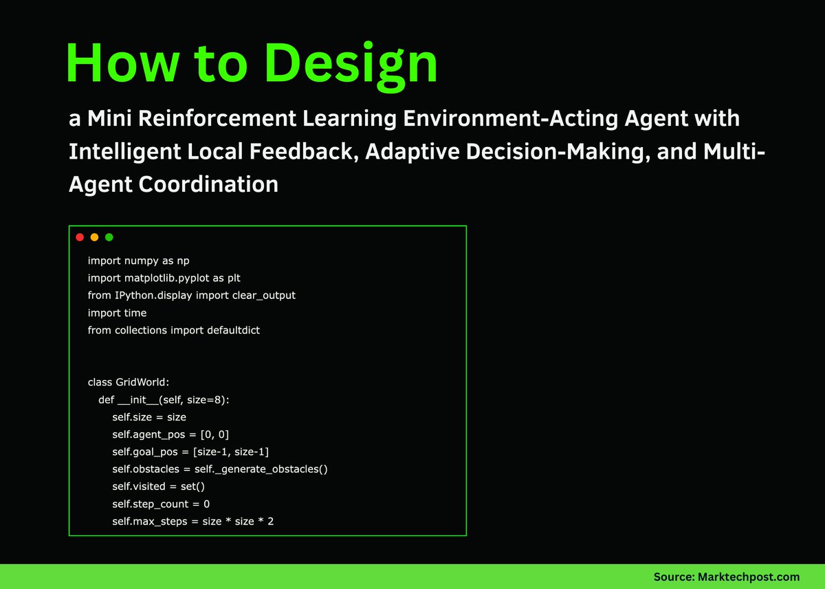 Marktechpost's tweet image. ▶ How to Design a Mini Reinforcement Learning Environment-Acting Agent with Intelligent Local Feedback, Adaptive Decision-Making, and Multi-Agent Coordination 

In this tutorial, we code a mini reinforcement learning setup in which a multi-agent system learns to navigate a grid…