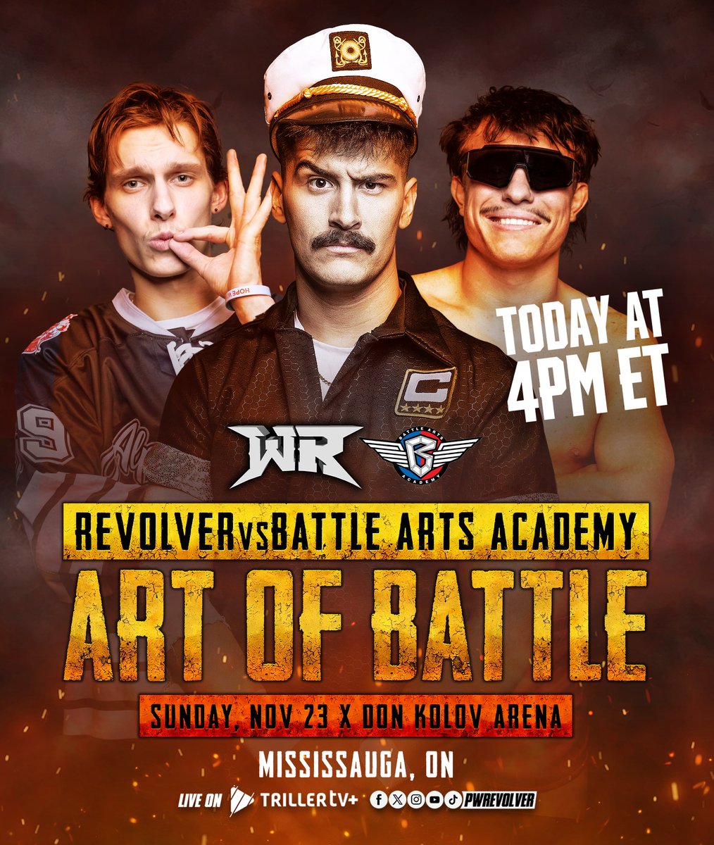 PWRevolver's tweet photo. TODAY at 4pmET!
LIVE on @Triller_TV+
*ALL MATCHES CHOOSE AT RANDOM*
Revolver Vs. Battle Arts Academy
#RevolverBATTLE
Mississauga, Canada
https://t.co/w2G9n4Oe1V
FEATURING:
Alpha Sig
@TheBrentOakley @TheDickMeyers @TheKCJacobs https://t.co/lC2kNRAzfK