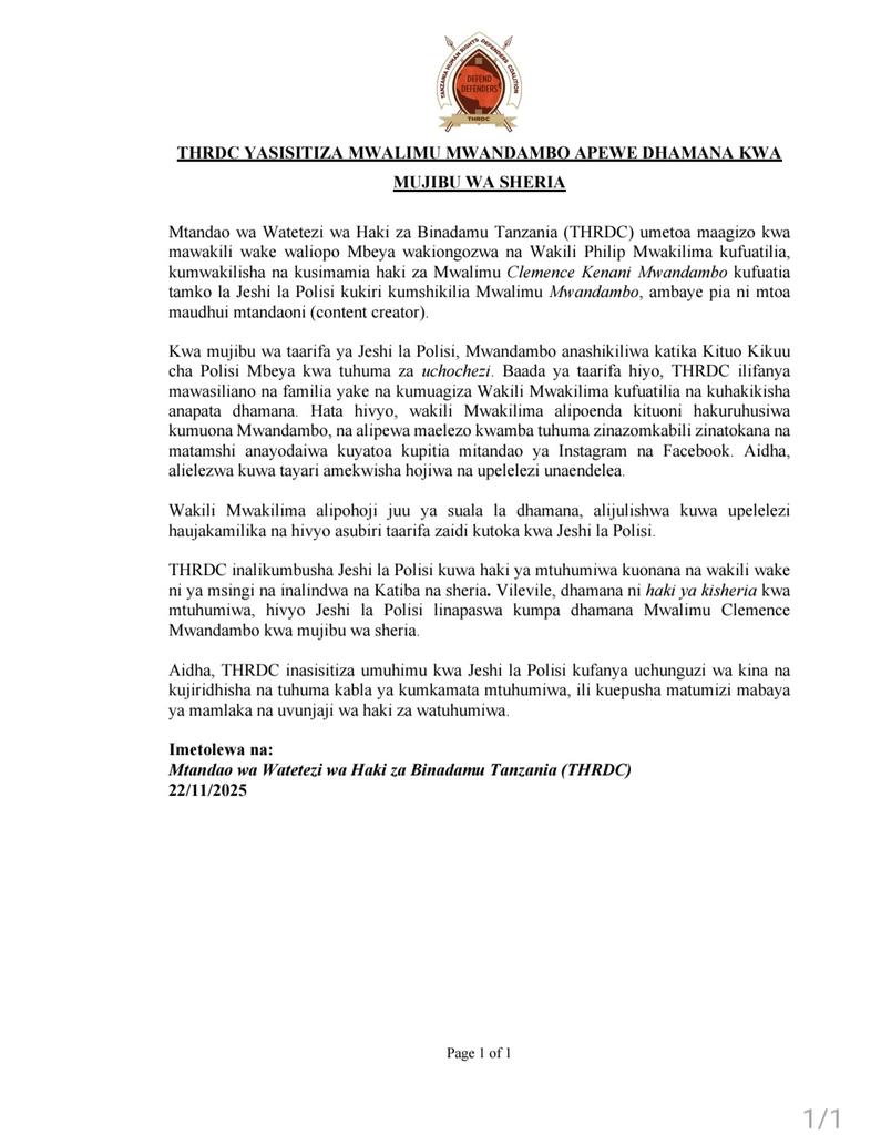 Dhamana ni haki ya kisheria kwa mtuhumiwa. Mwalimu Clemence Mwandambo apewe dhamana!