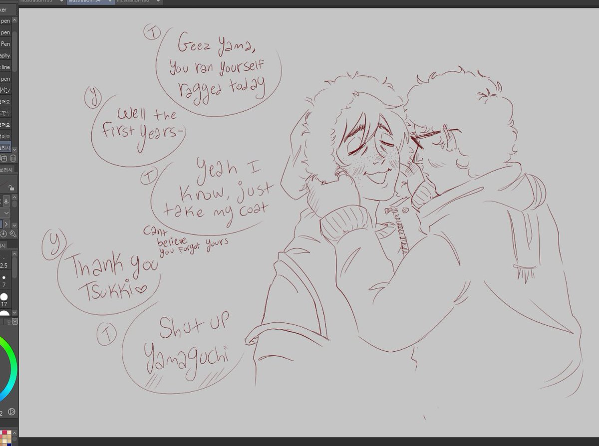 cremaypeaches's tweet image. winter tskym sketch in hopes that it finally gets cold in texas #haikyuutwt #haikyuufanart #tskym