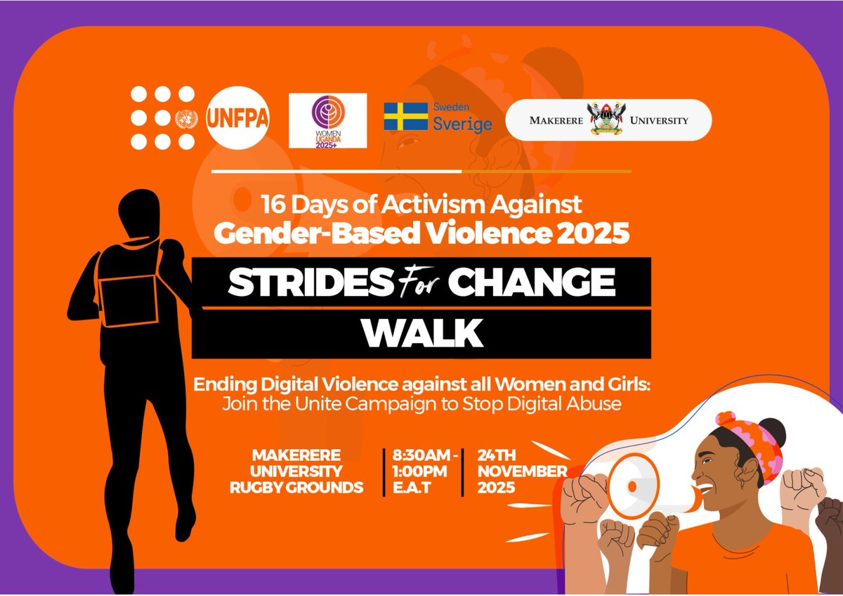 SAVE THE DATE 🧡 !
Join us Monday, 24 November, for the Strides for Change Walk at Makerere University—starting bright and early at 8:00 AM as we march to amplify the call to end Gender-Based Violence and champion a safer, more equal world for all.
🔎 See poster for more details!