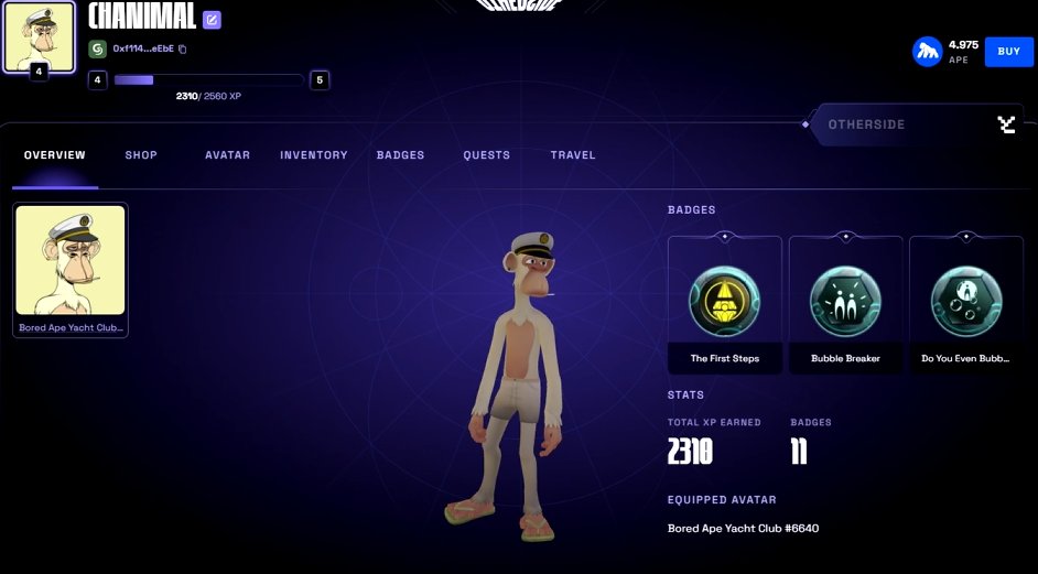 JaysonCrypto's tweet image. Anyone having issue with the Bubble in the @OthersideMeta  ?  I was not able to launch it. 

Anyway the profile badges are cool in the Metaverse of other side.  The Metaverse power by @apecoin have new communities joining each day.