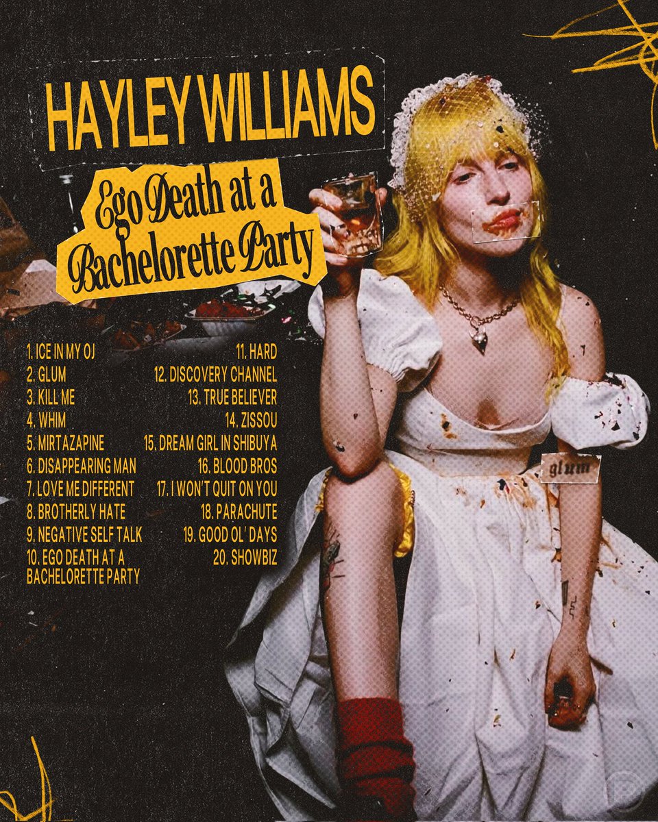 pasqualquefez's tweet photo. hayley williams poster design! 
ego death at a bachelorette party é o álbum do ano sim ✨️💛👍🏻 https://t.co/73GafrSqk8