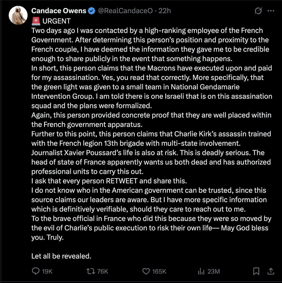 The Lord warned us about this on November 12, 2025. We Must pray for her safety. This is very serious. I was shown much more that I could not make public. I want to make this clear: the Lord did not show me France. He only showed me that whoever this was would try to make it look