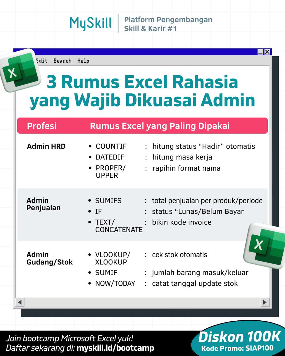 myskill_id's tweet photo. 3 Rumus Excel Rahasia yang wajib dikuasai sama admin nih! 🙌 https://t.co/Dm4CsPFumc