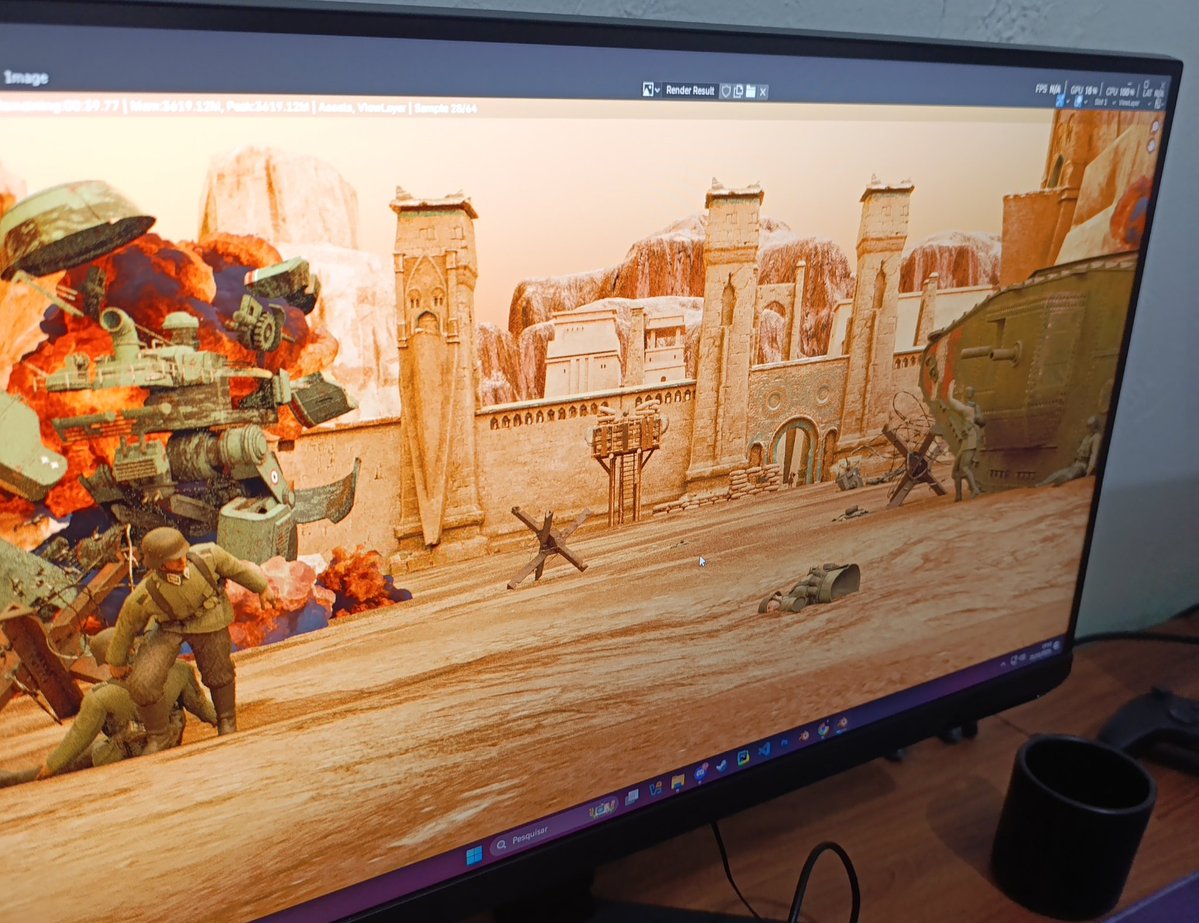 patetapunk's tweet image. Tao bom produzir pra mim mesmo. Sempre quis fazer algo baseado nas artes do Jakub Rozalski. Essa cena já tá bem mais avançada, mas só vou postar o resto quando terminar. 
#keyart #conceptart #render #blender