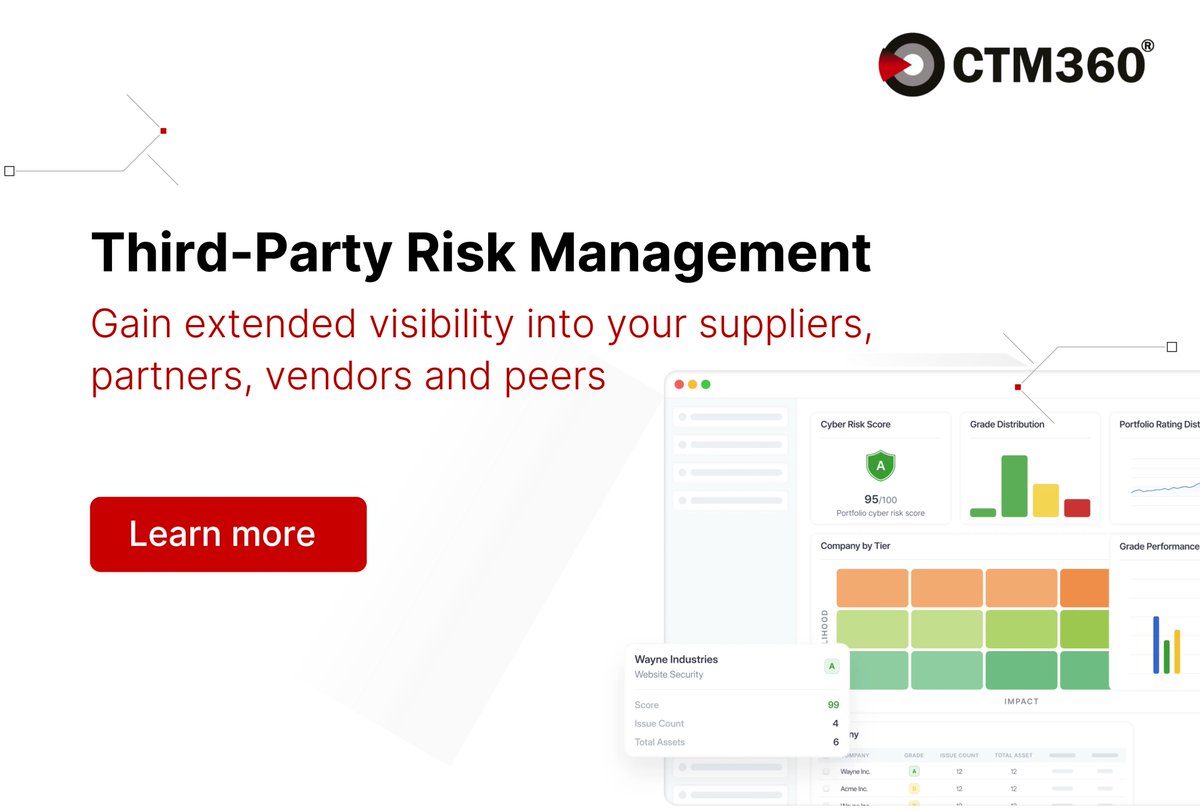 teamCTM360's tweet image. Centrally monitor external cyber risk across your entire supply chain – not just your own perimeter.
To learn more about CTM360’s RiskHub platform, request a demo: ctm360.com/contact-us
#RiskHub #ExternalAttackSurface #EASM #tprm #thirdpartyrisk #supplychainsecurity