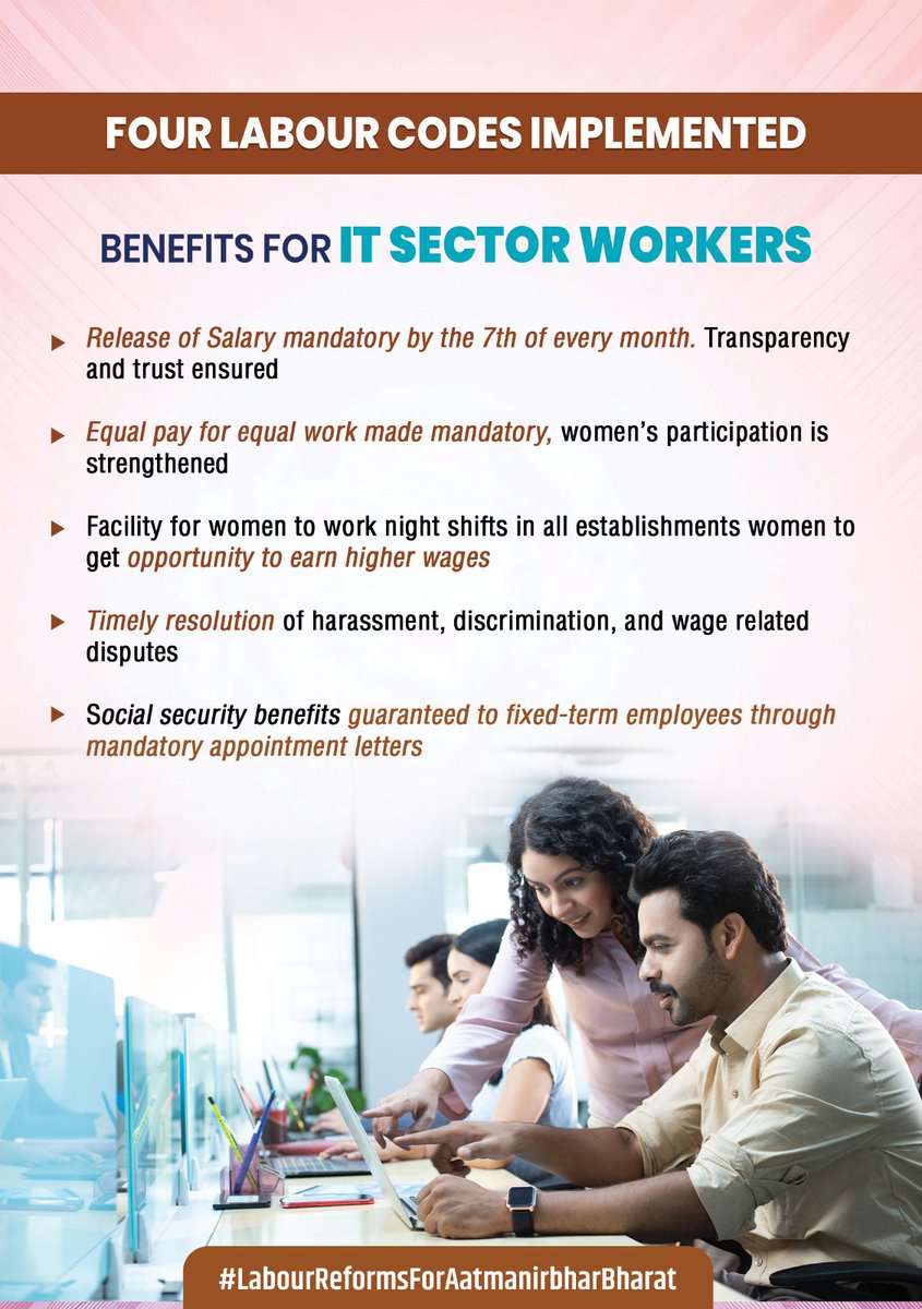 epfkochi's tweet image. Empowering IT Sector employees!
Clear service conditions, mandatory appointment letters, equal wages, social security benefits, safe workplaces (including for night shifts), and better work–life balance through regulated working hours.
#LabourReformsForAatmanirbharBharat