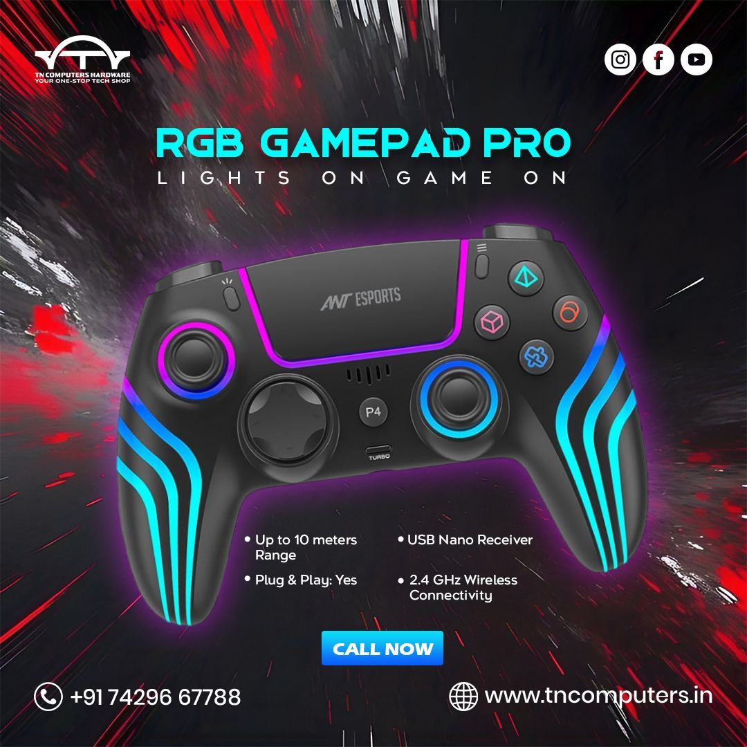 Tncomputerstech's tweet image. RGB + Wireless = Game ON 🎮🔥
Meet the RGB Gamepad Pro with:

✅ 2.4GHz connectivity
✅ 10m range
✅ USB nano receiver
✅ Plug &amp;amp; Play

Available at TN Computers
📞 +91 74296 67788 | 🌐 tncomputers.in

#GamingController #RGBGear #TNComputers