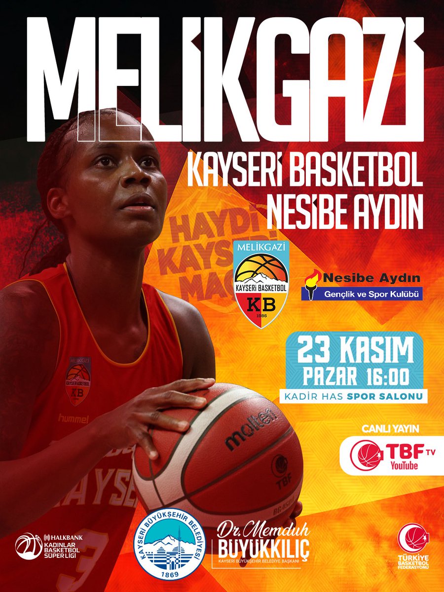 Bugün saat 16.00’da Kadir Has Spor Salonu’nda Melikgazi Kayseri Basketbol’umuz, Nesibe Aydın Gençlik ve Spor Kulübü ile önemli bir mücadeleye çıkıyor. 🏀

Tüm hemşehrilerimizi takımımıza destek olmaya, salonun coşkusunu birlikte büyütmeye davet ediyorum. ❤️💛