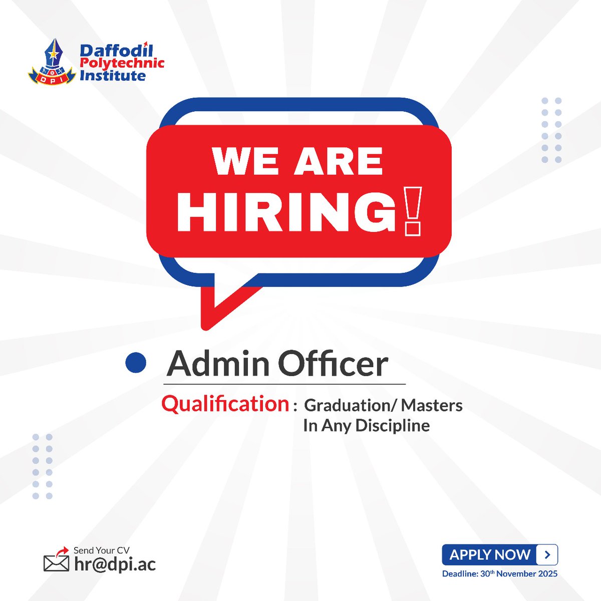 DaffodilPoly's tweet image. 📢Daffodil Polytechnic Institute is Hiring!

📩 Send Your CV: hr@dpi.ac
⚠️Deadline 30 November 2025

#Daffodilpolytechnic #DiplomaEngineering #Hiring
