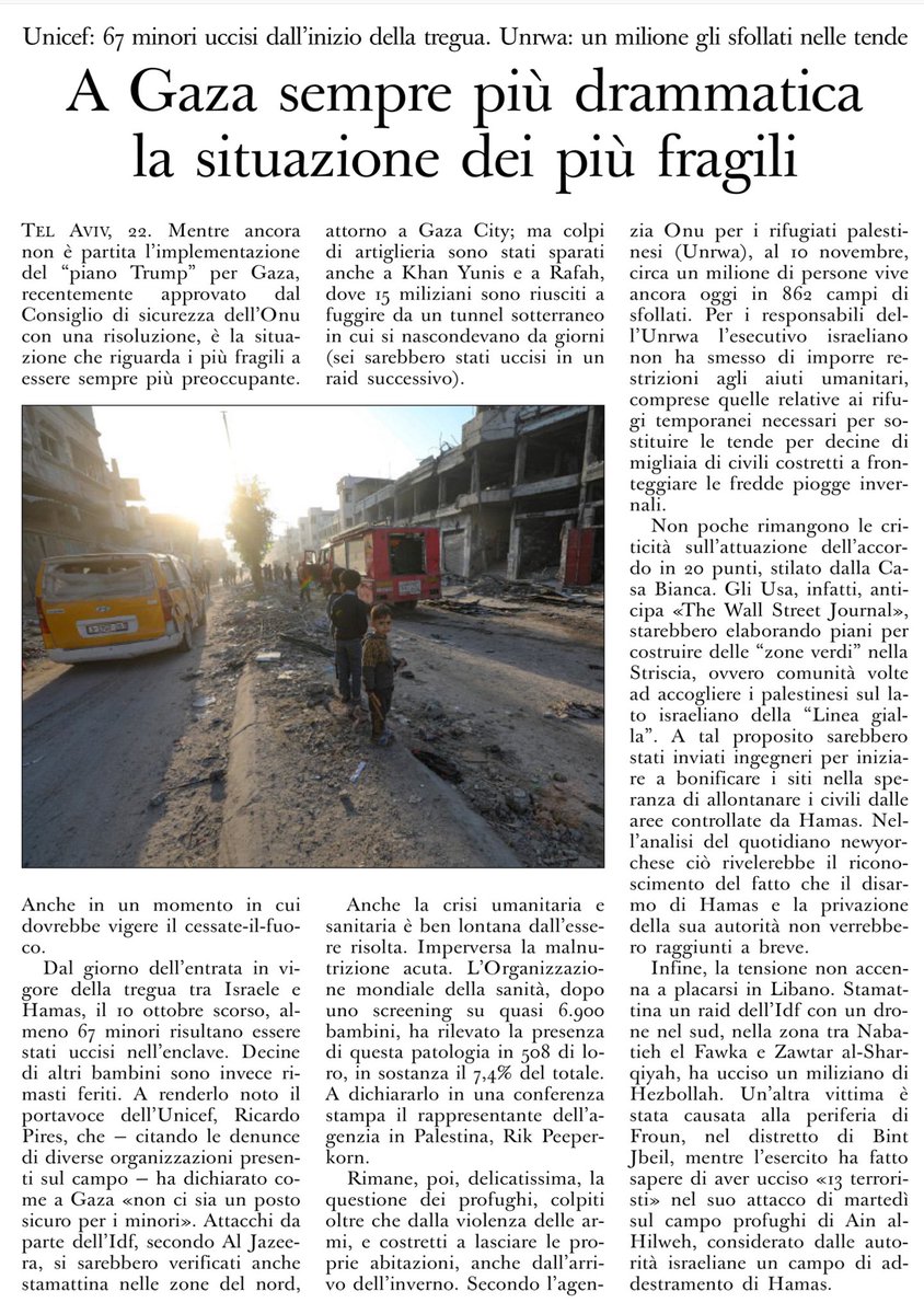 A Gaza sempre più drammatica la situazione dei più fragili
Unicef: 67 minori uccisi dall’inizio della “tregua”
Unrwa: un milione di sfollati nelle tende
<a href="/oss_romano/">L'Osservatore Romano</a>
