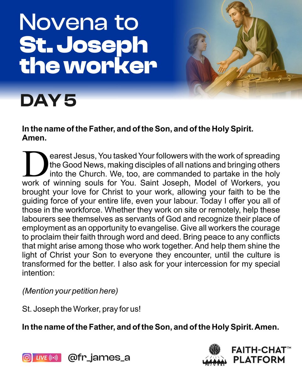 frjamesa's tweet image. Day 5

DAILY PRAYER TO ST. JOSEPH 

To you, O Blessed Joseph, we come in our trials, and having asked the help of your most holy spouse, we confidently ask your patronage also. Through that sacred bond of charity which united you to the Immaculate Virgin Mother of God and through…
