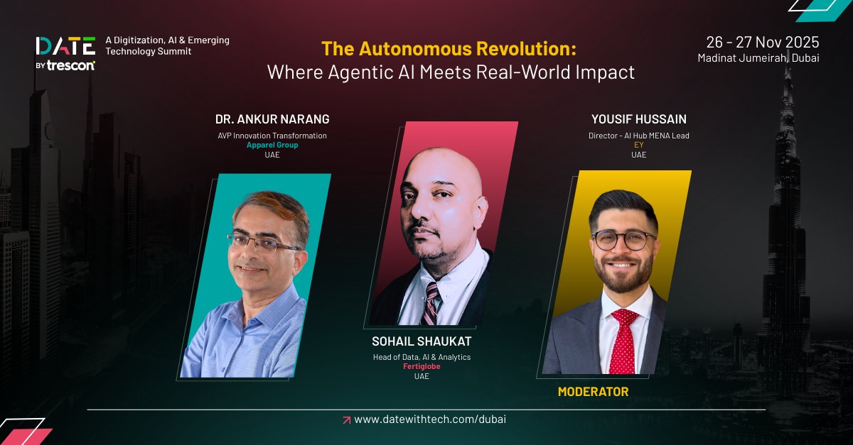 The next phase of AI is here: Agentic &amp; Autonomous.

Join our deep-dive session at <a href="/datewithtech/">Date with Tech</a> MENA in 3 DAYS.

Learn how AI agents drive real-world impact.

Register now: hubs.li/Q03VwtdX0

#AgenticAI #FutureTech #Dubai

<a href="/ApparelGroup_/">Apparel Group</a> <a href="/EYnews/">EY</a> <a href="/fertiglobe/">Fertiglobe</a>