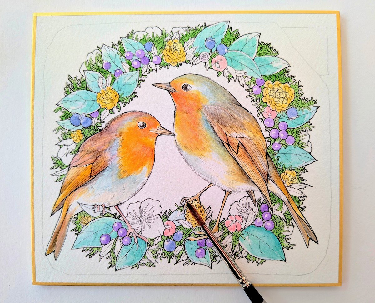 こんにちは。 三連休♪勤労感謝の日🧡 Xmasの絵を描いています。 駒鳥