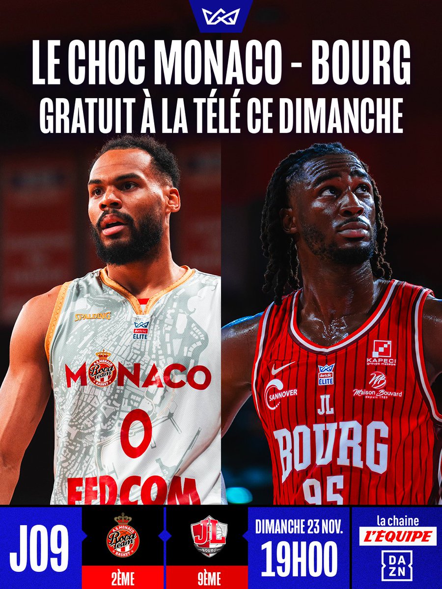 💥 Le Choc <a href="/ASMonaco_Basket/">AS Monaco Basket 🇲🇨</a> - <a href="/JLBourgBasket/">JL Bourg Basket</a>, c'est ce soir à 19h, GRATUITEMENT sur <a href="/DAZN_FR/">DAZN France</a> &amp; <a href="/lachainelequipe/">la chaine L'Équipe</a> 🤯 

#BetclicELITE #basketball