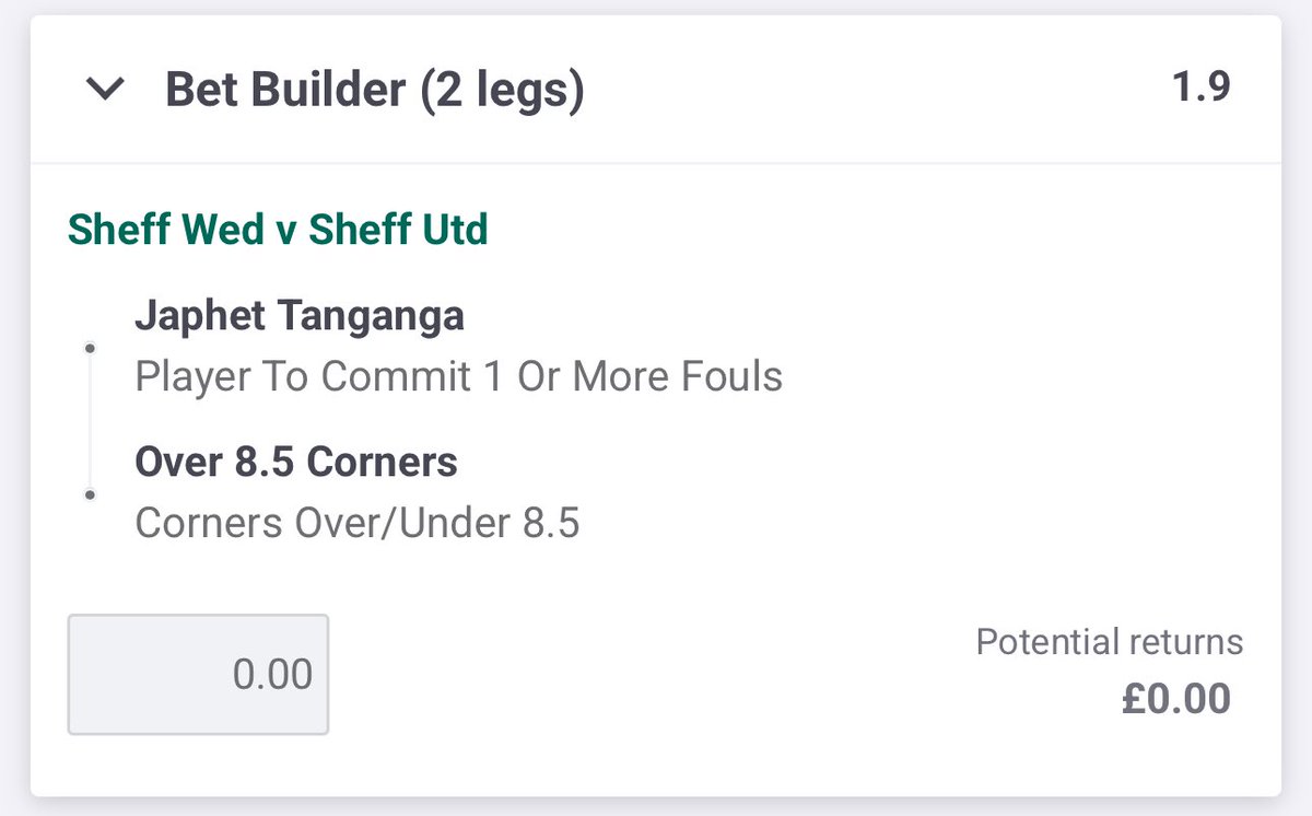 𝐒𝐡𝐞𝐟𝐟𝐢𝐞𝐥𝐝 𝐖𝐞𝐝𝐧𝐞𝐬𝐝𝐚𝐲 𝐯 𝐒𝐡𝐞𝐟𝐟𝐢𝐞𝐥𝐝 𝐔𝐧𝐢𝐭𝐞𝐝 🏴󠁧󠁢󠁥󠁮󠁧󠁿

Bet Builder @ 1.90 (1u), Paddy Power &amp; Skybet 📚

Tanganga has made 1+ foul in 11/12 games this season. Meanwhile 9+ corners has landed in 13/15 games for Wednesday and 12/15 for United, both teams games