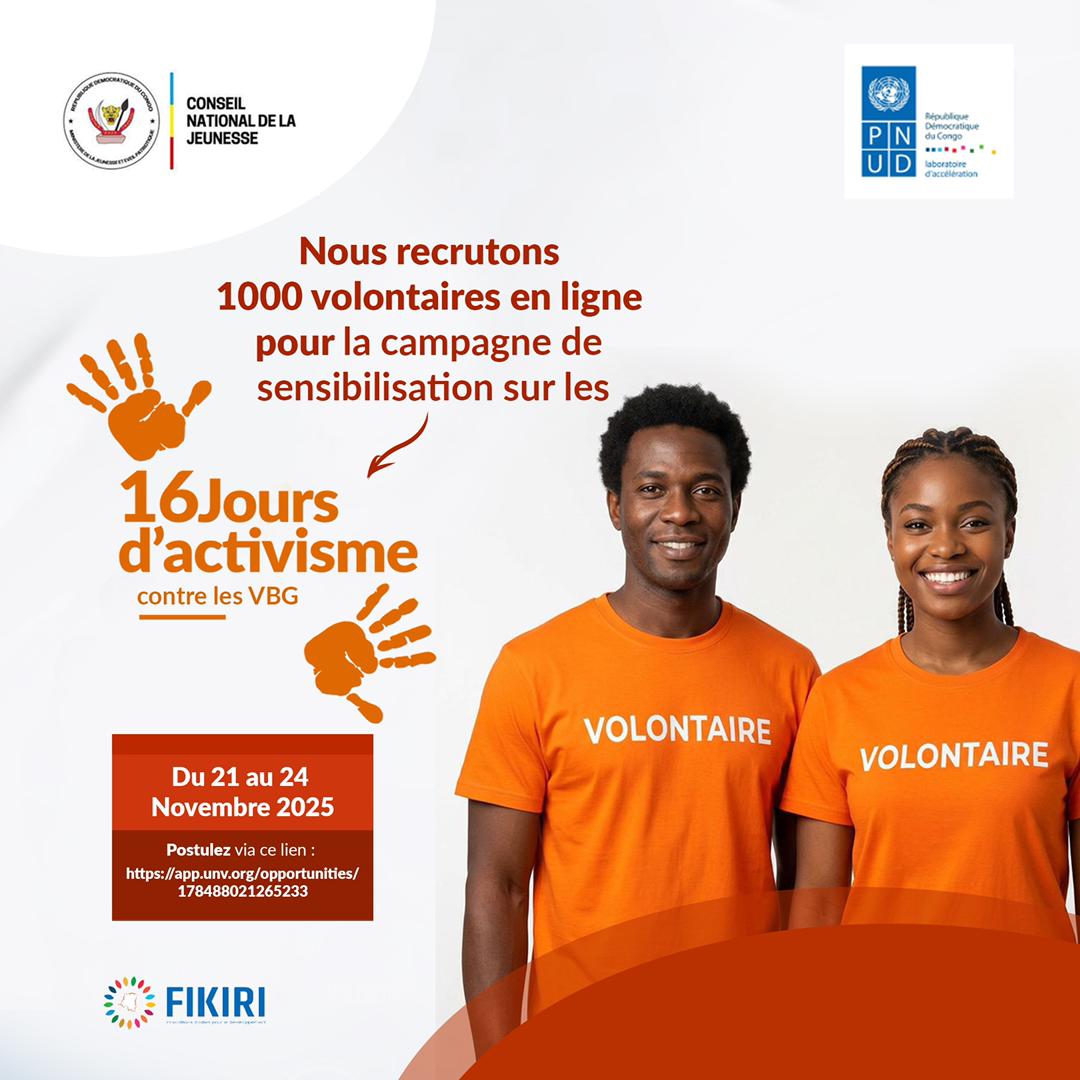 En prélude des 16 jours d’activisme , le Conseil National de la Jeunesse  en partenariat avec le PNUD,  a le plaisir d’annoncer le lancement d’une campagne de recrutement de 1 000 jeunes volontaires en ligne.

Postulez en cliquant sur :

app.unv.org/opportunities/…