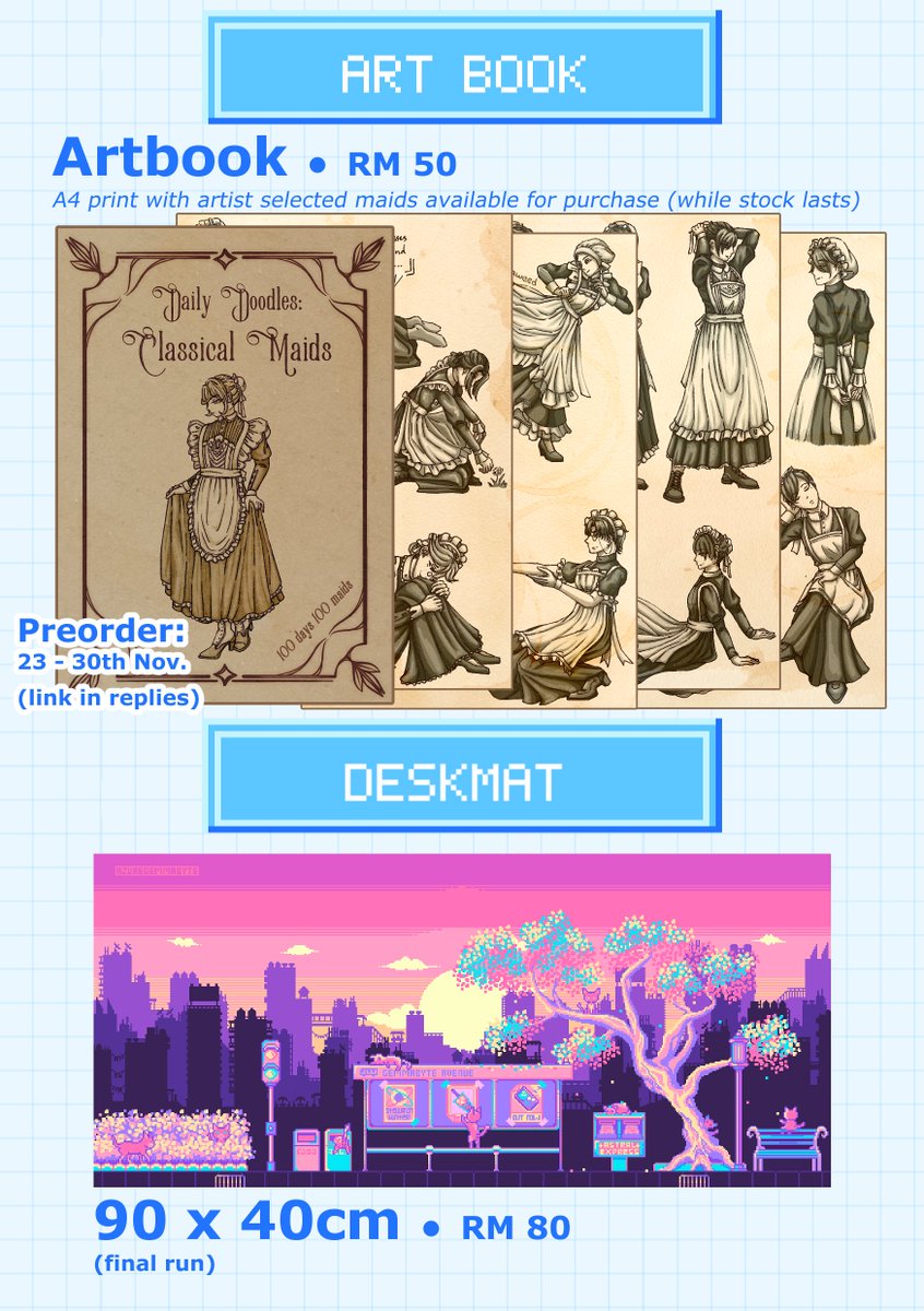 itsblueorbye's tweet photo. Find B-H33, Pixel Gems at Comic Fiesta 2025!

With a fellow pixel artist friend, come get amazing pixel art merch from us!

I'll be in different classical maid uniforms for both days so come say hi~

⬇️preorder link⬇️
#comicfiesta2025 #CF25 #comicfiesta2025catalogue #pixelart https://t.co/j3zJGissVR