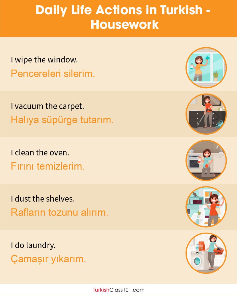 TurkishClass101's tweet photo. Things you do at home in Turkish! 🏠 PS: Learn Turkish with the best FREE online resources, just click here: https://t.co/sojyVhK1Dr https://t.co/qGXn8ToHuT