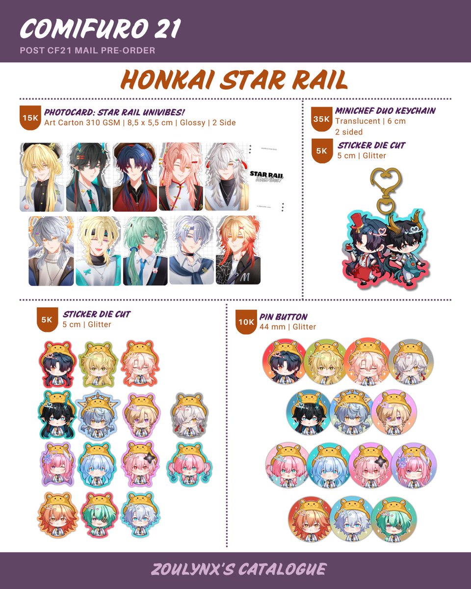 zoulynx's tweet photo. [🔁 and 🩷 are very appreciated]

Zoulynx's #CF21 Post-sale ✨

🗓 23 Nov - 3 Des 2025
🛒 Mail order (via 🍊)
⭐ Xavier, LADS, Nijisanji, HSR
🔗 Form below!

[1/2]
#CFXXI #CF21catalogue #comifuro21 https://t.co/Xev2Z0Ngbq