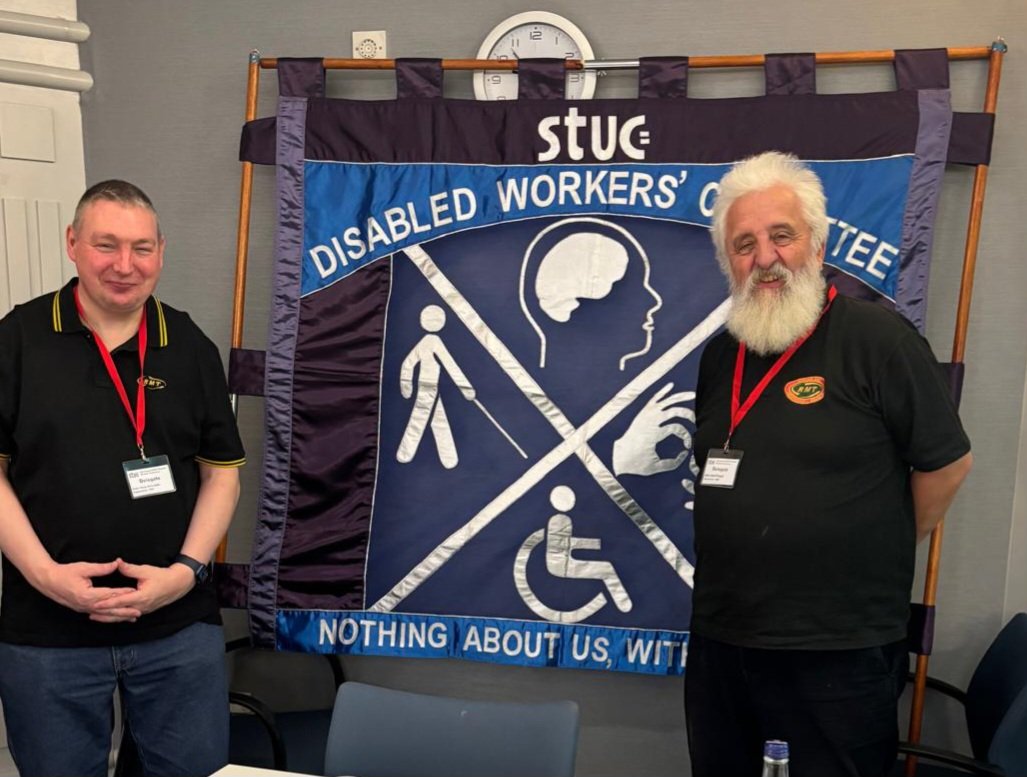 RMT_Scotland's tweet image. At the @ScottishTUC Disabled Workers Conference this weekend. @RMTunion delegates Shaun Mccrudden and Davy O&apos;Donnell highlight the importance of improving accessibility on Scotland&apos;s rail network @ScotRail Invest in staff and infrastructure. #AccessForAll