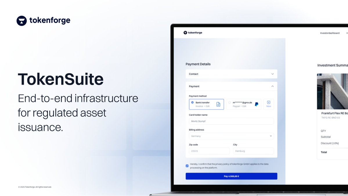 tokenforge's tweet image. Before Europe moved toward harmonized regulation, Germany set the benchmark with KWG amendments and the eWpG creating a regulatory framework for digital securities that mirrors the rigor of traditional capital markets.

TokenSuite was designed natively within this environment,…