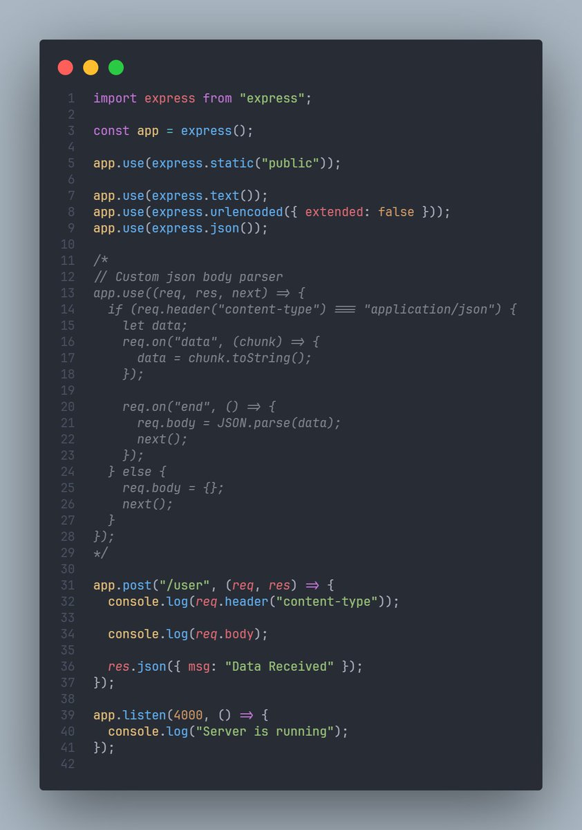 ritik65477's tweet image. 🚀 Day 139 of My Web Dev Journey – Backend

Diving into: Express.js⚙️
Last 3 days, I explored:
🔹 router.route() &amp;amp; router.param()
🔹 HTTP Redirection
🔹 Form Data Parsing
🔹 Nested Dynamic Routes
🔹 Express v5

🌱 Wrapping up Express

#NodeJS #100DaysOfCode #LearnInPublic #WebDev