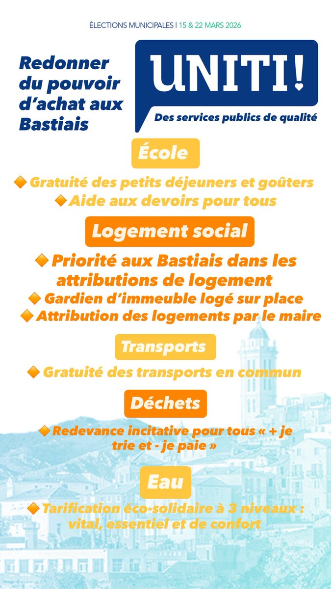Morgantij's tweet photo. Des propositions concrètes sur le pouvoir d’achat et la qualité des services publics à #Bastia 

UNITI réponds en priorité aux Bastais pour améliorer leur cadre de vie. 

🔸École 
🔸Transport 
🔸Déchets 
🔸Eau
🔸Logement social 

Soyons acteurs du changement. https://t.co/wVuuh5qt2m