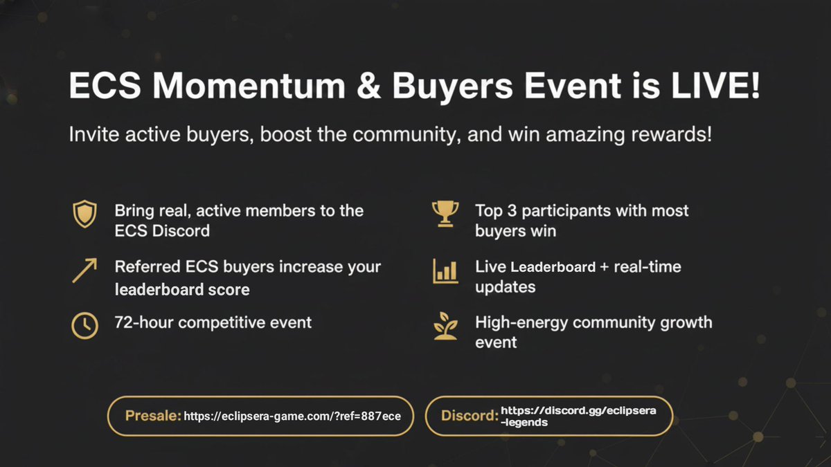 $ECS Momentum &amp; Buyers Event is LIVE!

Goal: Bring in real $ECS buyers and build sustained momentum — no free participation.

How to Join:

 1. Invite real, active members to our Discord: discord.gg/eclipsera-lege…
 2. Ensure they chat, stay active, and join missions.
 3. If your