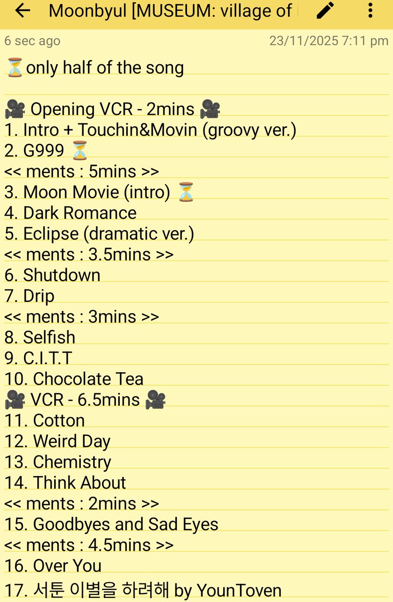 cikinmoss's tweet photo. MOONBYUL CONCERT TOUR [MUSEUM : village of eternal glow] IN SEOUL 

DAY-2 Setlists : 31 songs + 16 mamamoo rap medley (x2)
Duration : 3hours 6minutes (approximately)

#마마무 #MoonByul
#MoonByul_Concert_IN_SEOUL
#MUSEUM_village_of_eternal_glow https://t.co/HTBIYJ9SCs