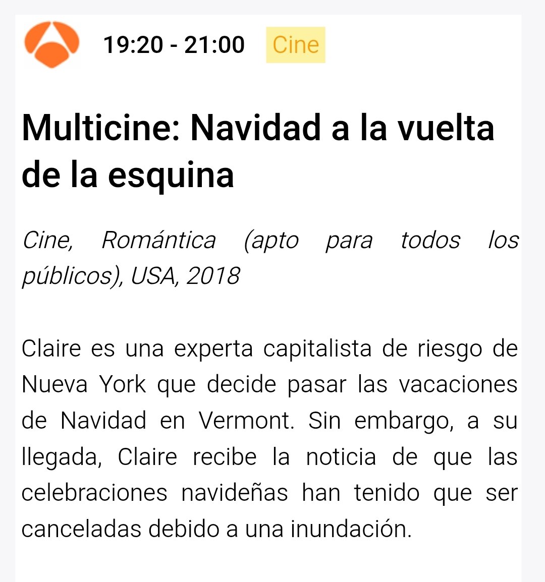 AVISO IMPORTANTE🚨 Esta tarde, Antena3 emite una peli navideña en la que una ejecutiva neoyorquina regresa por Navidad a su pueblo de VERMONT