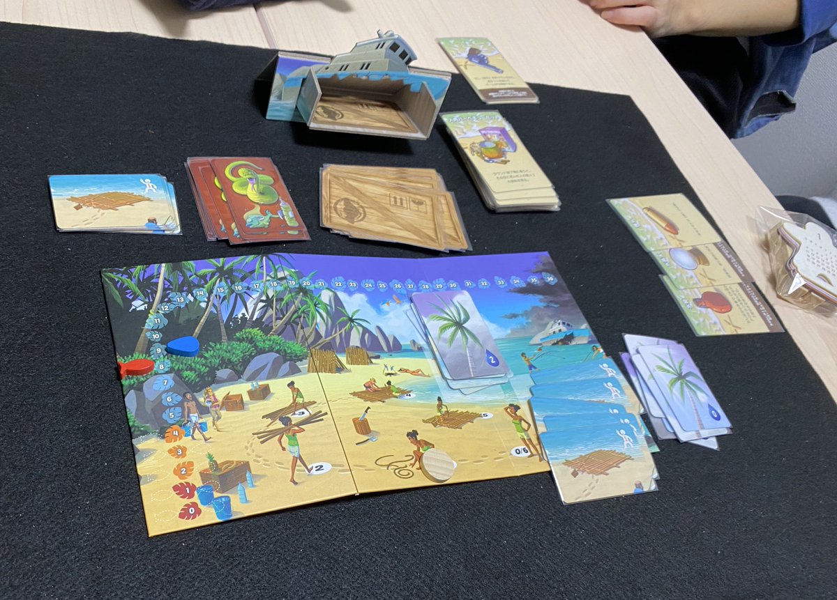 cocco00's tweet image. 【ヘルパゴス】
中盤くらいまでみんなしっかり貢献し、順調にいかだが5艘完成。釣竿をもった佑さんが食糧確保してくれるも、快晴の日が訪れ水がついに1不足。
こっこ、ここで水を1増やせるペットボトルを隠し、「いざとなったら出そう」と企む。それを見抜かれ、まぁやん兄貴が銃口を私に…。
続