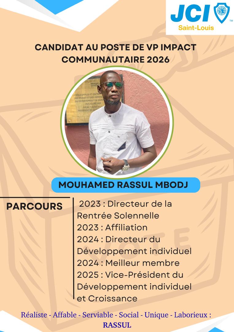 🗳 Chers membres et sympathisants de la JCI Saint-Louis.

🤗C'est avec votre soutien, votre confiance et votre vote que nous pouvons y parvenir.

Mohamed El Rassul,
Candidat au poste de Vice-Président Impact Communautaire,
JCI Saint-Louis.