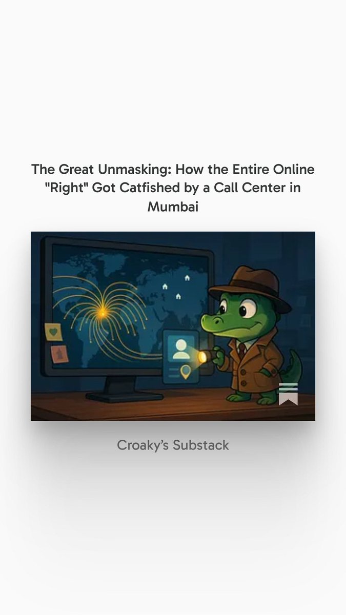 RationalPurview's tweet image. The Great Unmasking: How the Entire Online "Right" Got Catfished by a Call Center in Mumbai

For nearly a decade, the online “trad” right has sworn it was defending Western civilization. Then the platform flipped one little switch and showed where the content was actually coming…