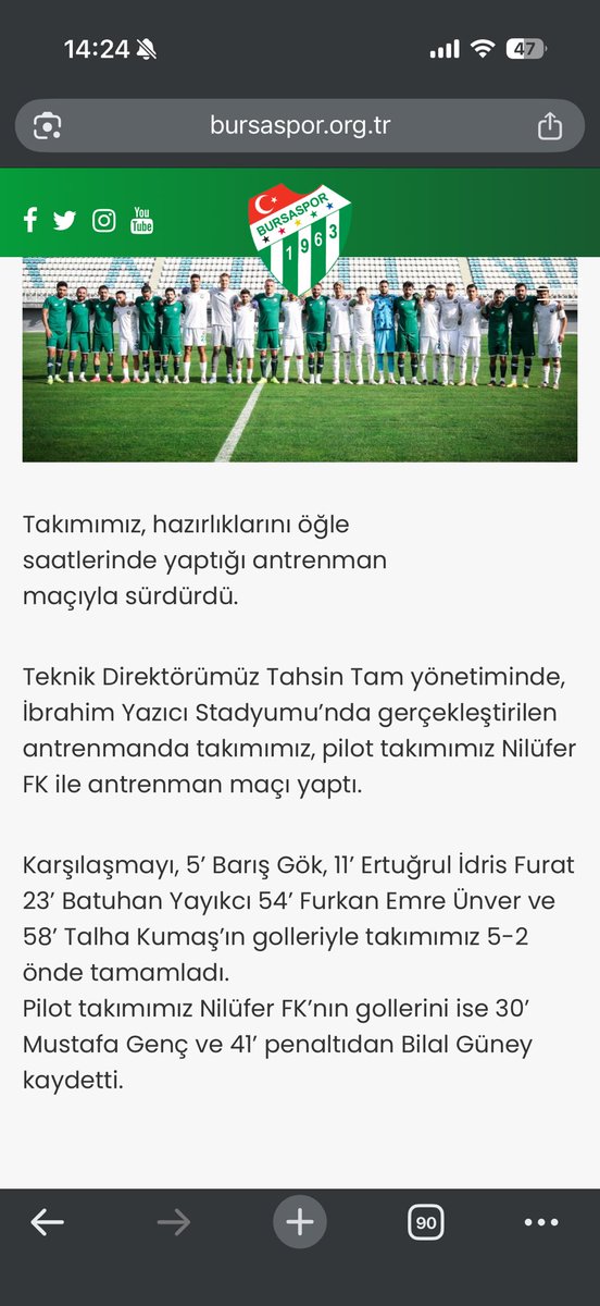 Bursaspor bir hazırlık maçı yapıyor, sadece gol atan oyuncuların isimleri servis ediliyor.

Kimler oynadı? 
-Yok.

İlk 11’ler?
- Yok

Eksik veya sakatlık durumu bilgileri?
- Yok

Hiç biri yok basına da yasak var.
Bilgilerin camiayla paylaşılması gerekiyor.